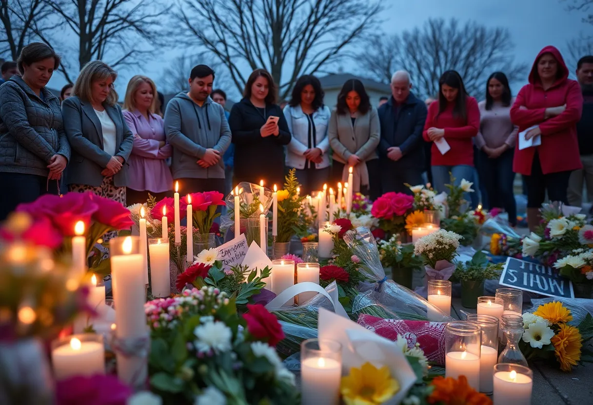 Community vigil in memory of Lavinia Lowe with candles and flowers.