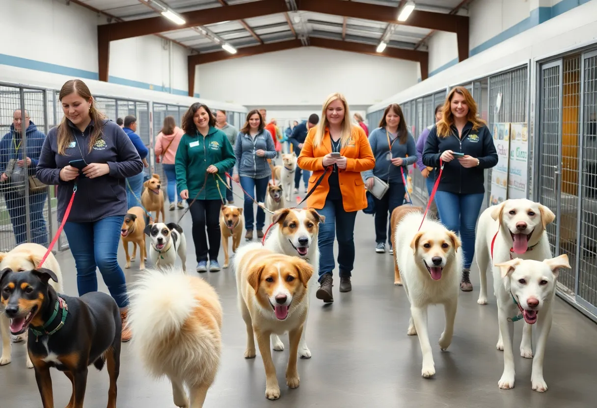 Volunteers walking dogs at Aiken County Animal Shelter