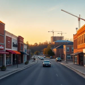 Street view of new storefronts and mixed-use development on Wagener Avenue in Aiken, South Carolina at golden hour