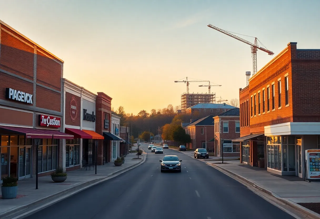 Street view of new storefronts and mixed-use development on Wagener Avenue in Aiken, South Carolina at golden hour