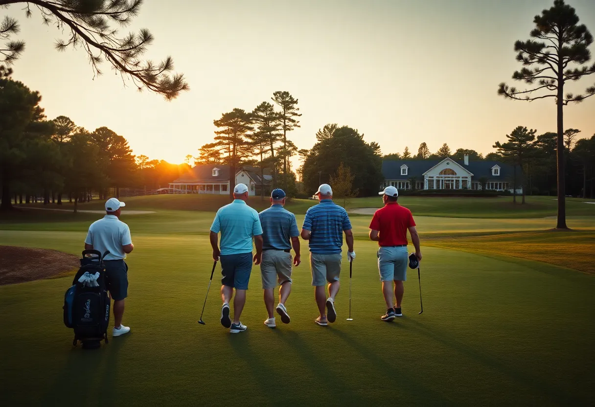 Group of four golfers walking on a lush Aiken fairway at twilight during a weeknight scramble