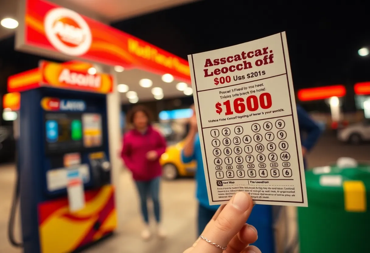 Gas station scene with individuals celebrating a lottery win.