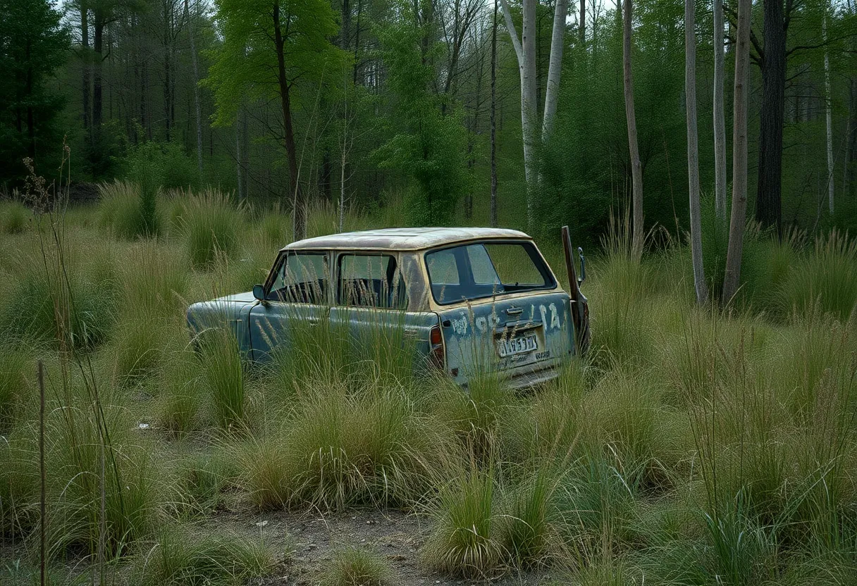 An abandoned vehicle in a deserted area of Aiken County