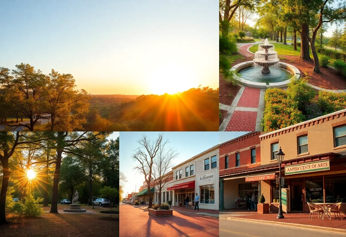Collage of Hitchcock Woods trails, Hopelands Gardens fountains, downtown boutiques and a cozy café in Aiken at sunset
