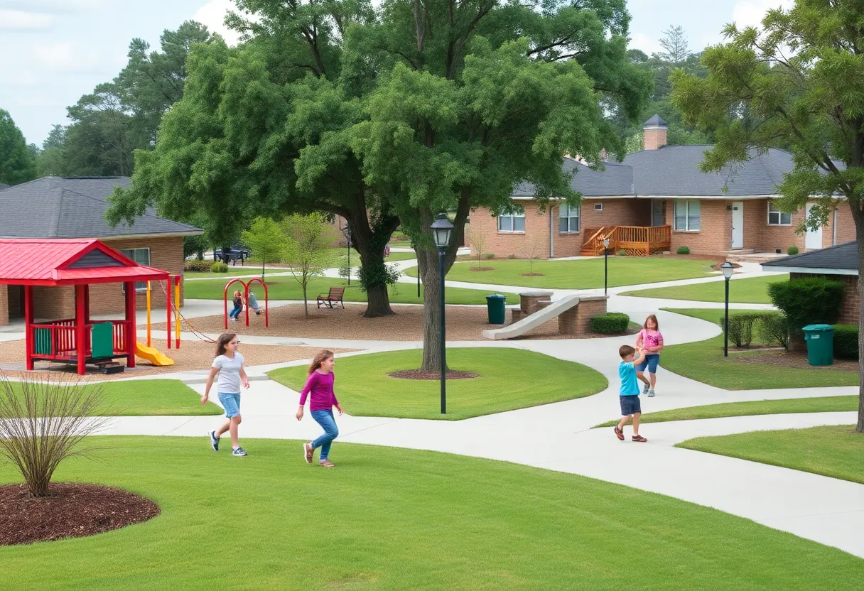 Neighborhood scene in Aiken, South Carolina focused on child safety