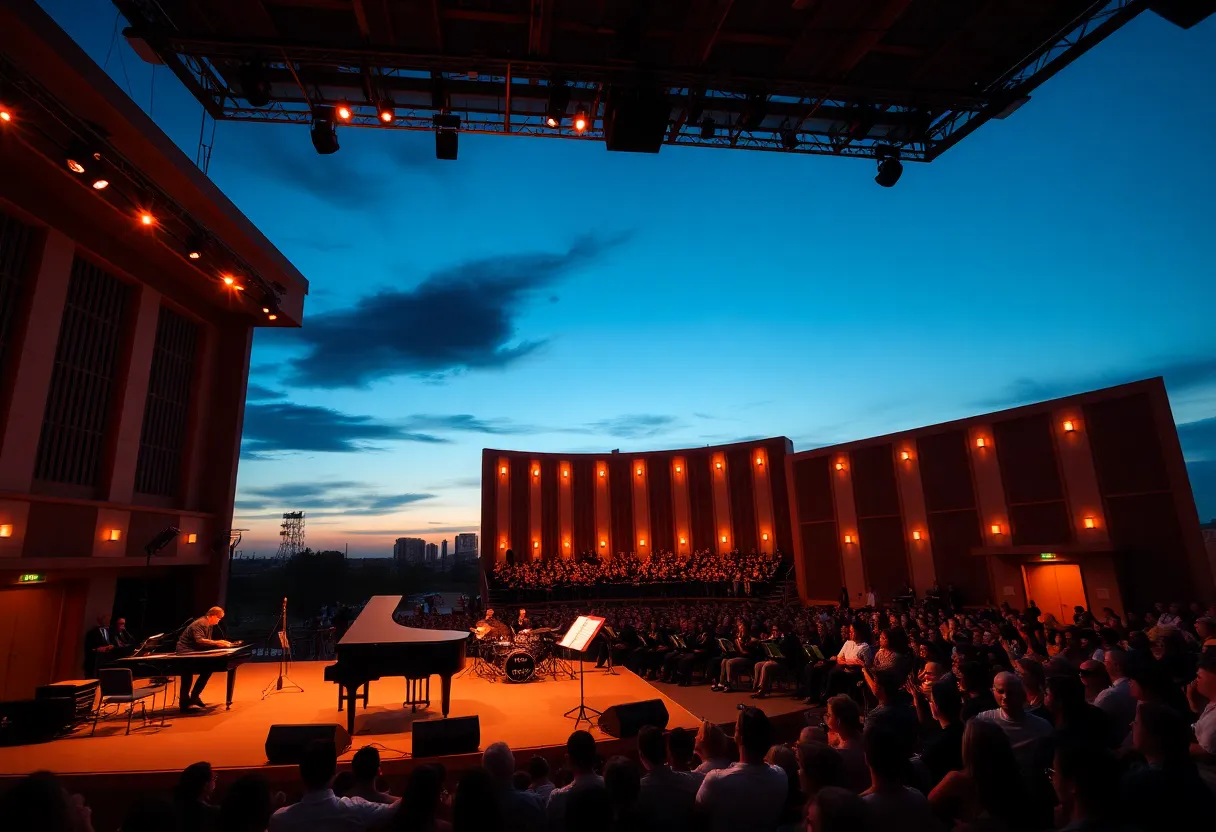 Concert stage with a grand piano and audience anticipation