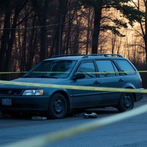 Abandoned vehicle with police tape in a wooded area