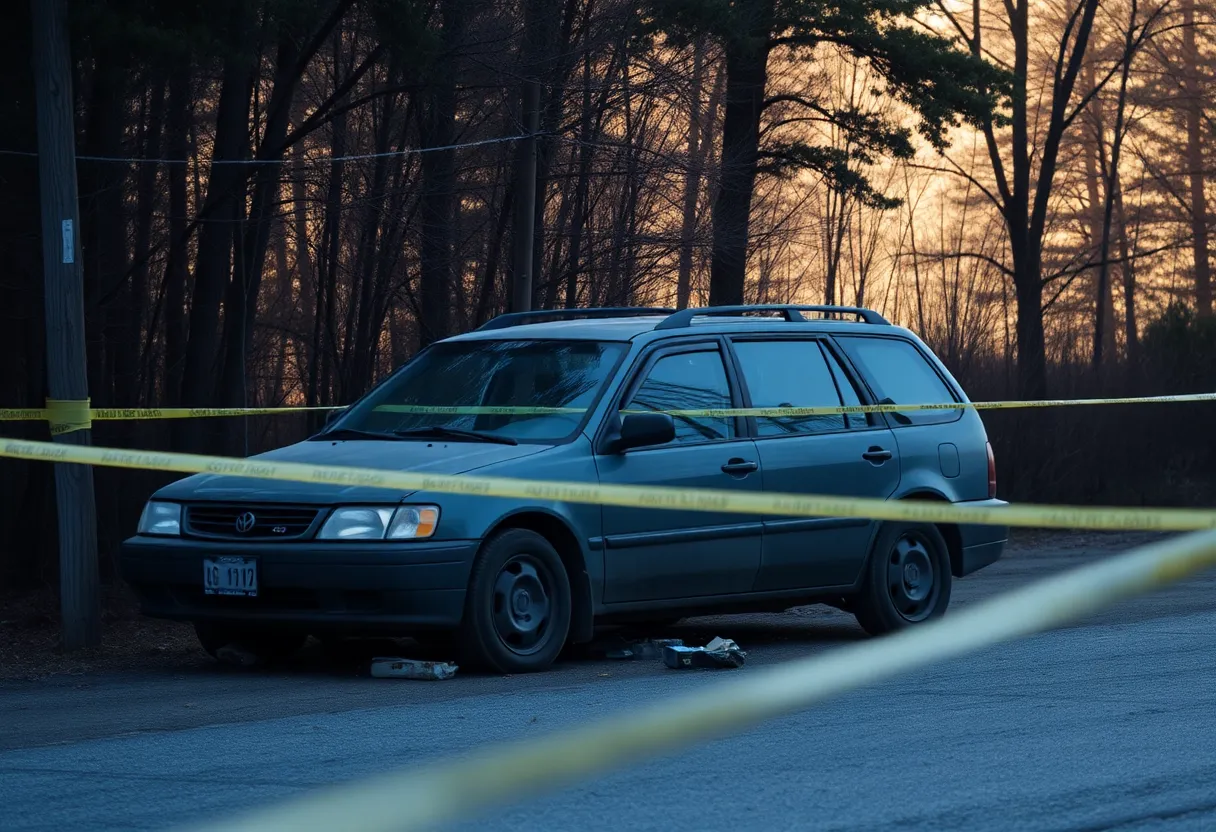 Abandoned vehicle with police tape in a wooded area