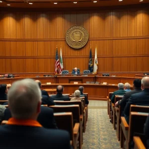 Interior of Aiken municipal building council chambers with dais, microphones and seated audience