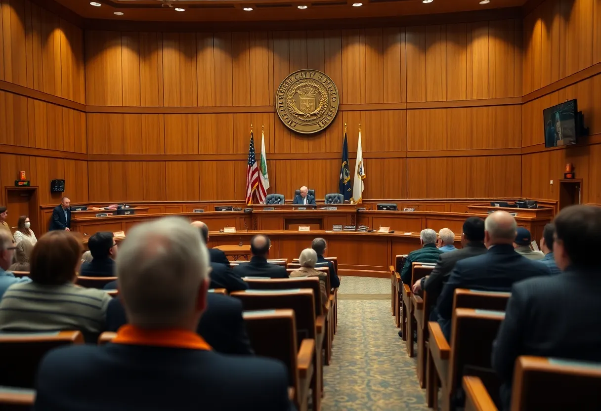 Interior of Aiken municipal building council chambers with dais, microphones and seated audience