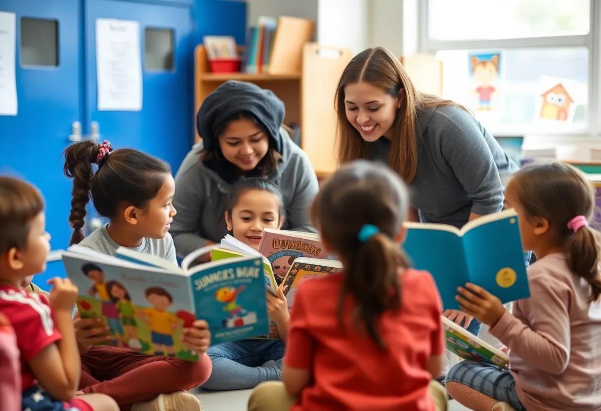Students reading at the Aiken County book donation event.