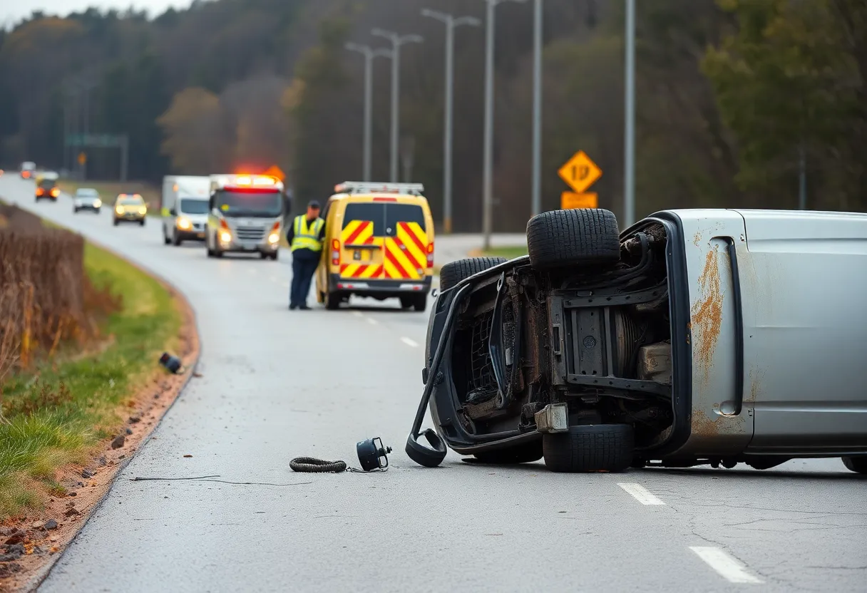 Emergency responders at a car accident scene on Wire Road