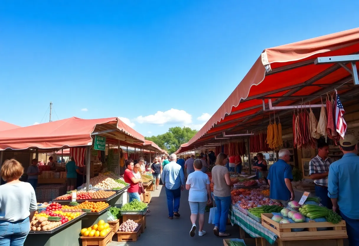 Vibrant scene of Aiken County Farmers Market with vendors and fresh produce.