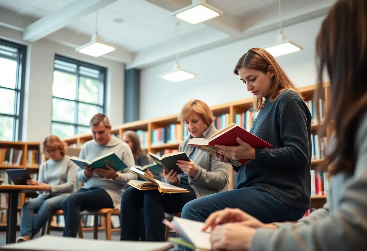 People participating in a book discussion at Aiken County Public Library.