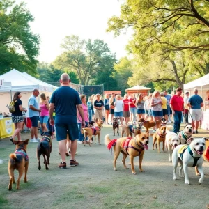 Dog-friendly festival in Aiken with dogs in costumes, vendor tents, and families enjoying the event