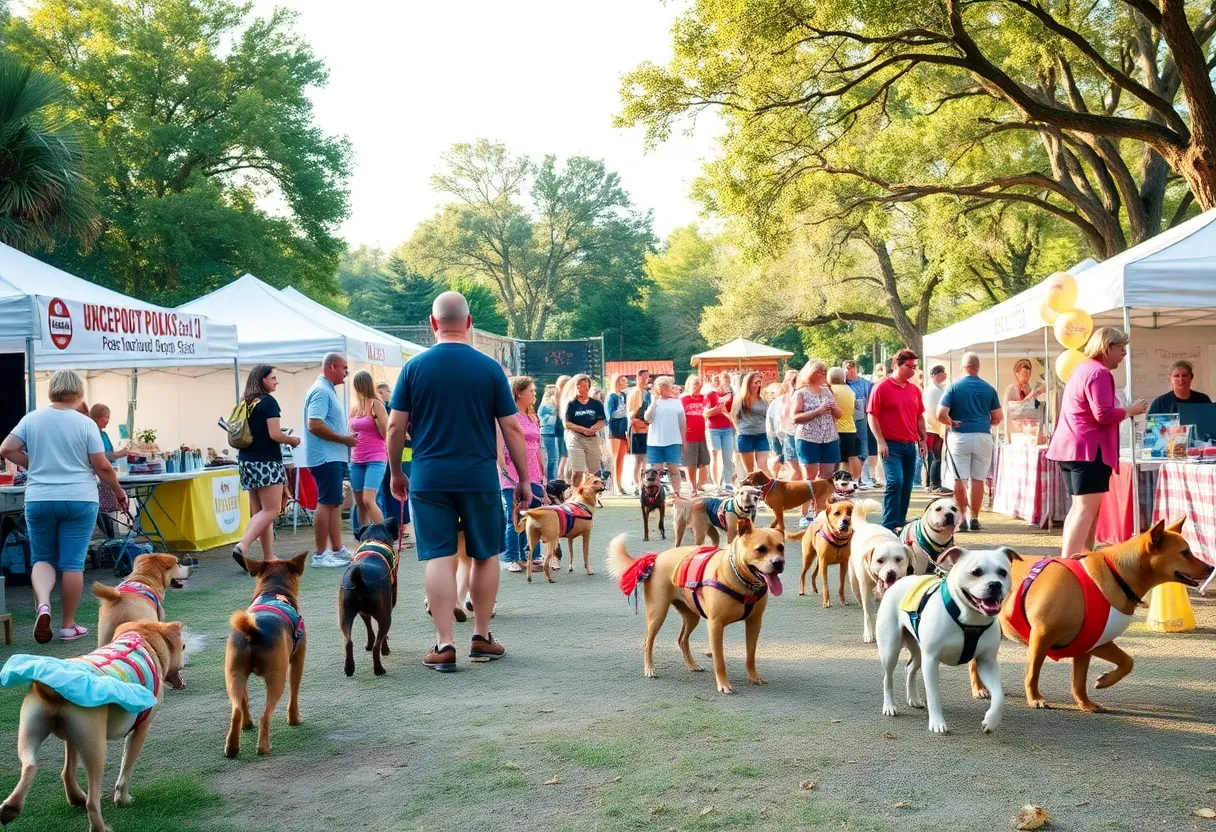 Dog-friendly festival in Aiken with dogs in costumes, vendor tents, and families enjoying the event