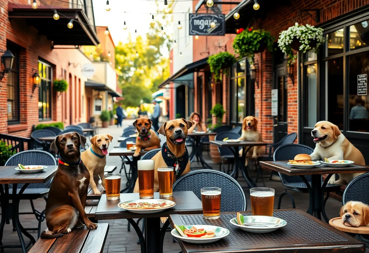 Outdoor patio in Aiken with dogs sitting near tables and diners enjoying meals