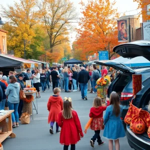 Downtown Aiken fall festival with artisan booths, live music and families; children at decorated trunks for trunk-or-treat.