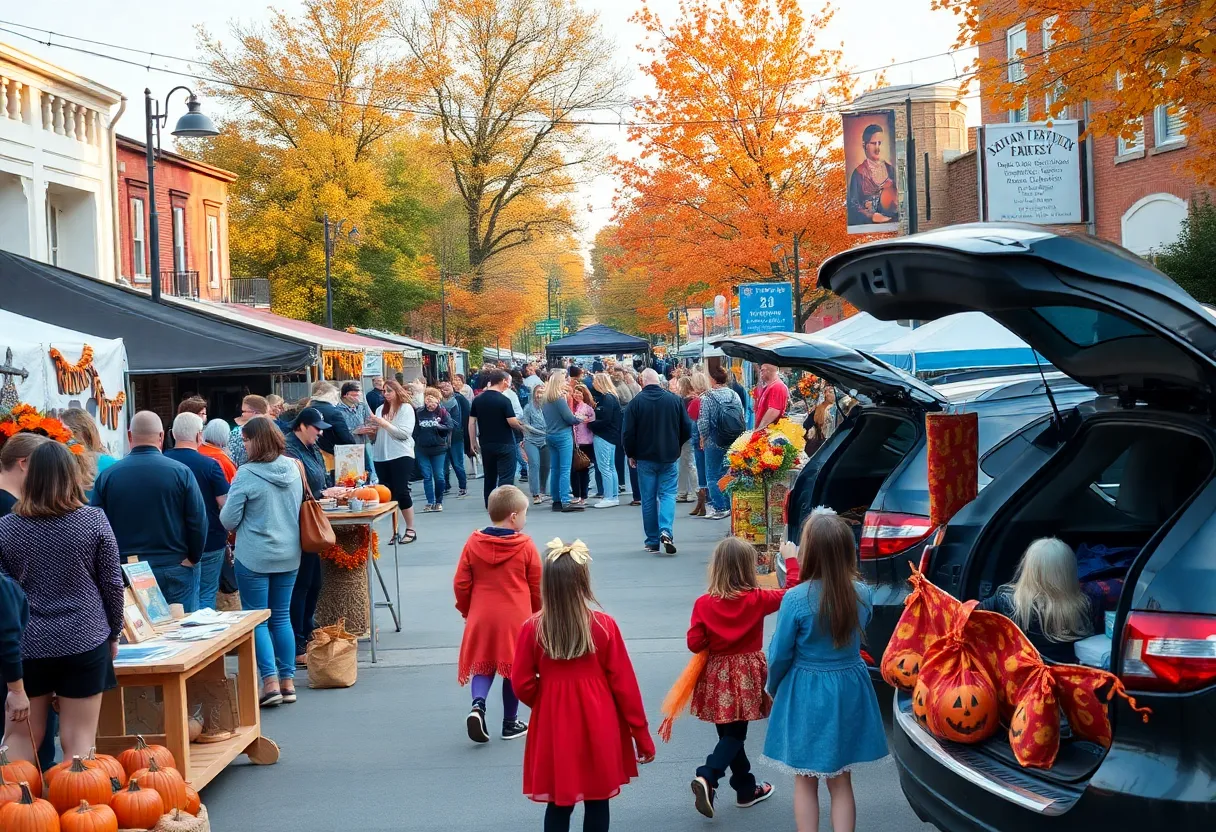 Downtown Aiken fall festival with artisan booths, live music and families; children at decorated trunks for trunk-or-treat.