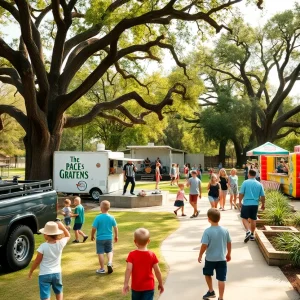 Families at a free outdoor community event in a park with trucks, live music, and inflatables