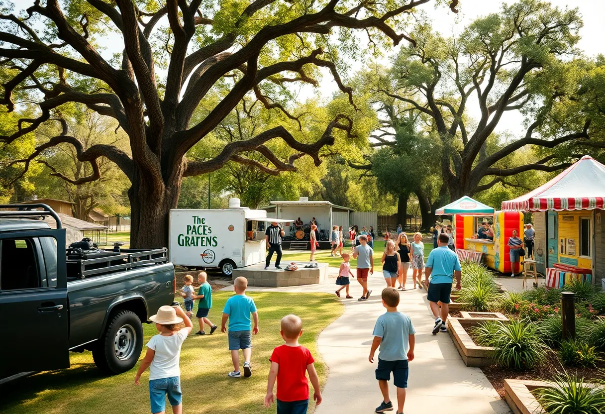 Families at a free outdoor community event in a park with trucks, live music, and inflatables