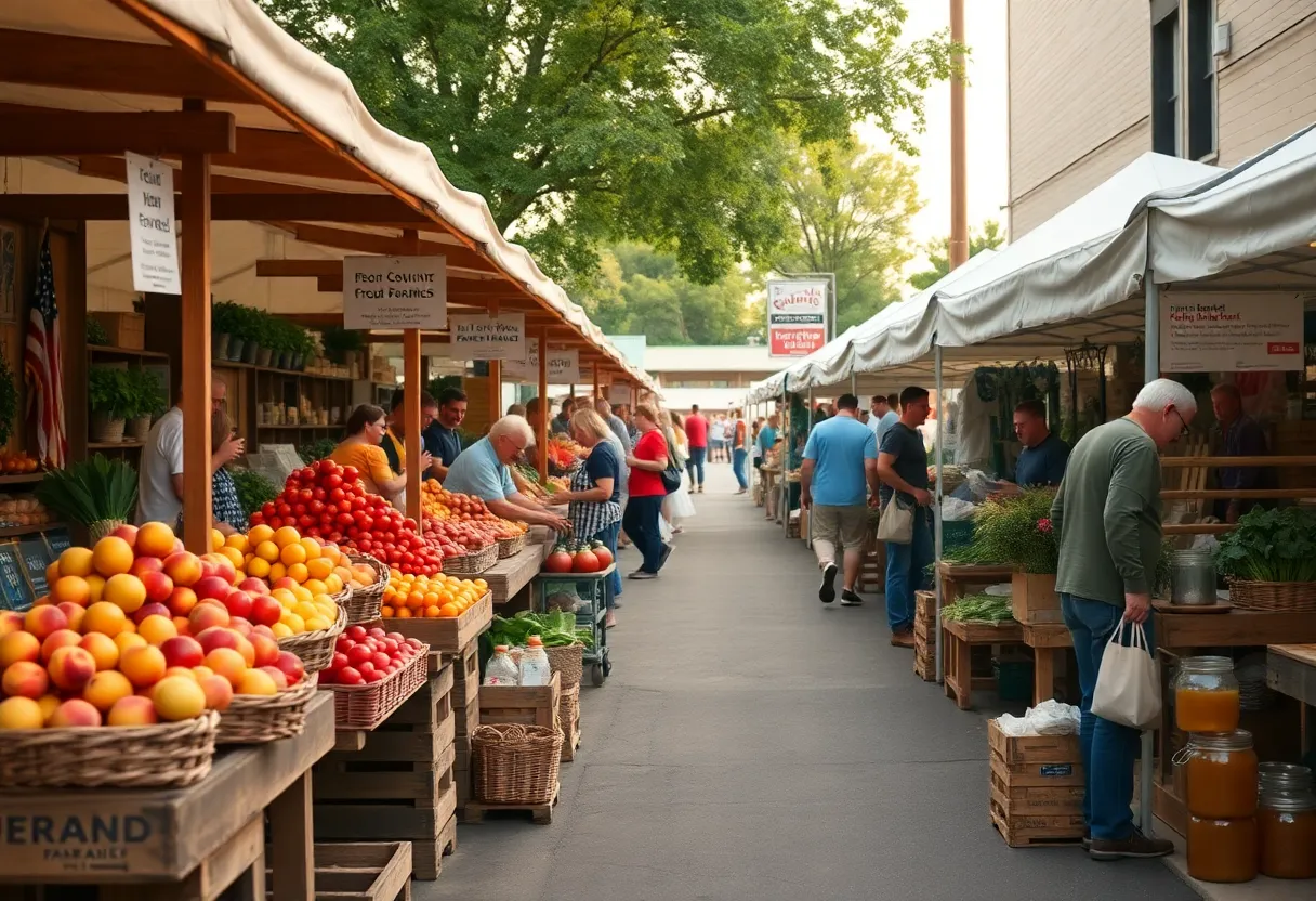 Market stalls at Aiken County Farmers Market with produce, vendors and shoppers under tents.