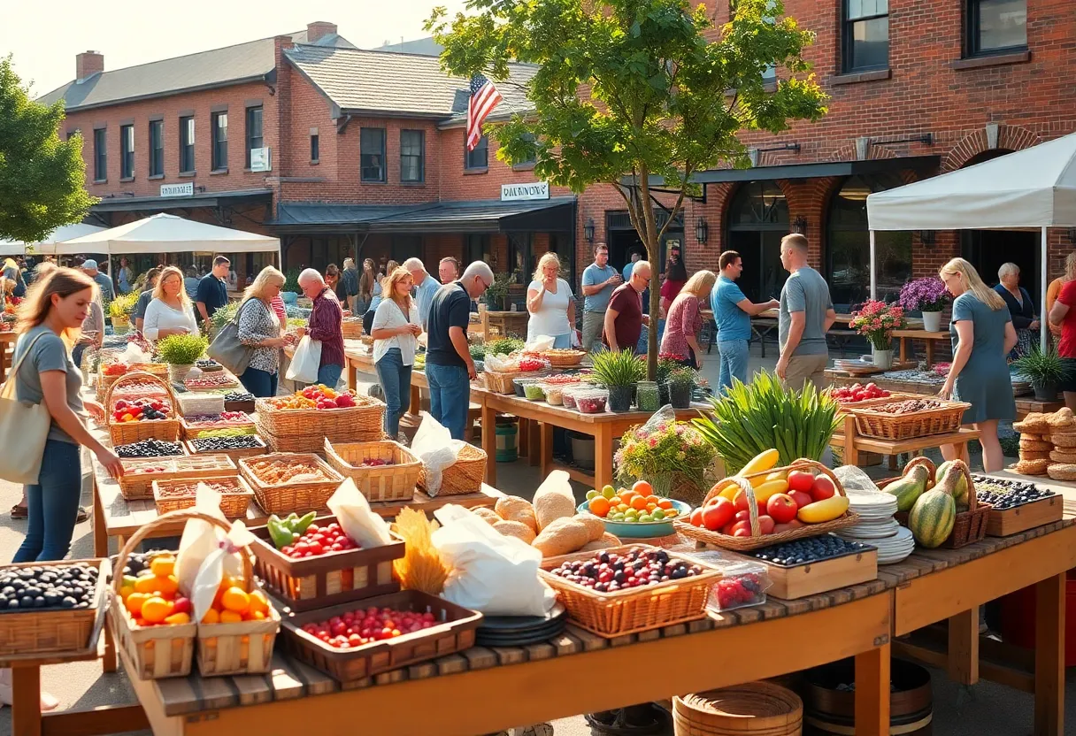 Morning stalls with fresh produce, baked goods and flowers at Aiken County Farmers Market