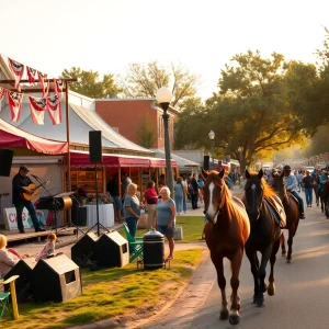 Crowd enjoying outdoor jazz and bluegrass performances with horses parading down a tree-lined street at a festival in Aiken