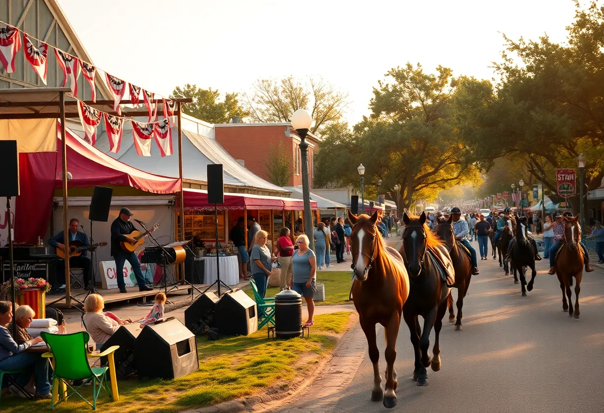 Crowd enjoying outdoor jazz and bluegrass performances with horses parading down a tree-lined street at a festival in Aiken