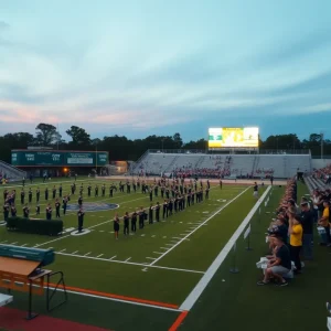 High school stadium at dusk with marching band performing at halftime, cheerleaders on the sideline and fans in the stands.