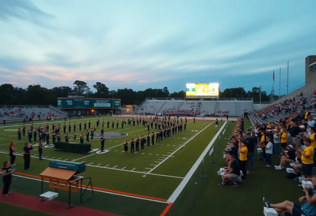 High school stadium at dusk with marching band performing at halftime, cheerleaders on the sideline and fans in the stands.