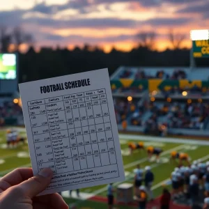 Wallet-sized football schedule card with stadium lights and blurred fans in the background