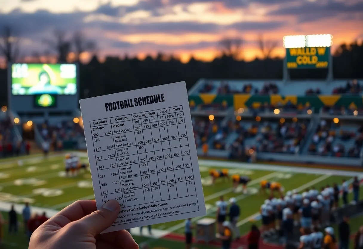 Wallet-sized football schedule card with stadium lights and blurred fans in the background