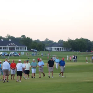 Golfers and spectators at an Aiken course during a local tournament with clubhouse and charity banners