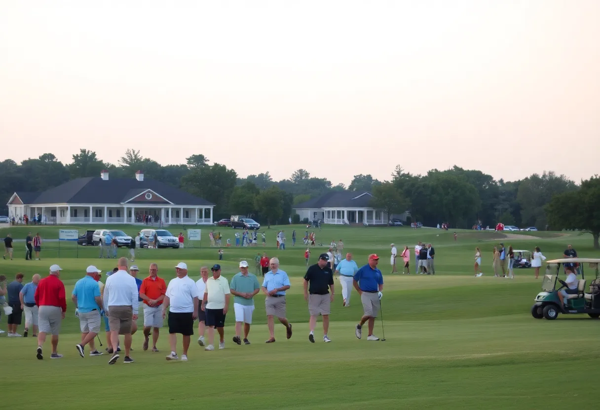 Golfers and spectators at an Aiken course during a local tournament with clubhouse and charity banners