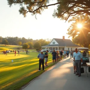 Community golfers on a sunny Aiken course with clubhouse and event banners