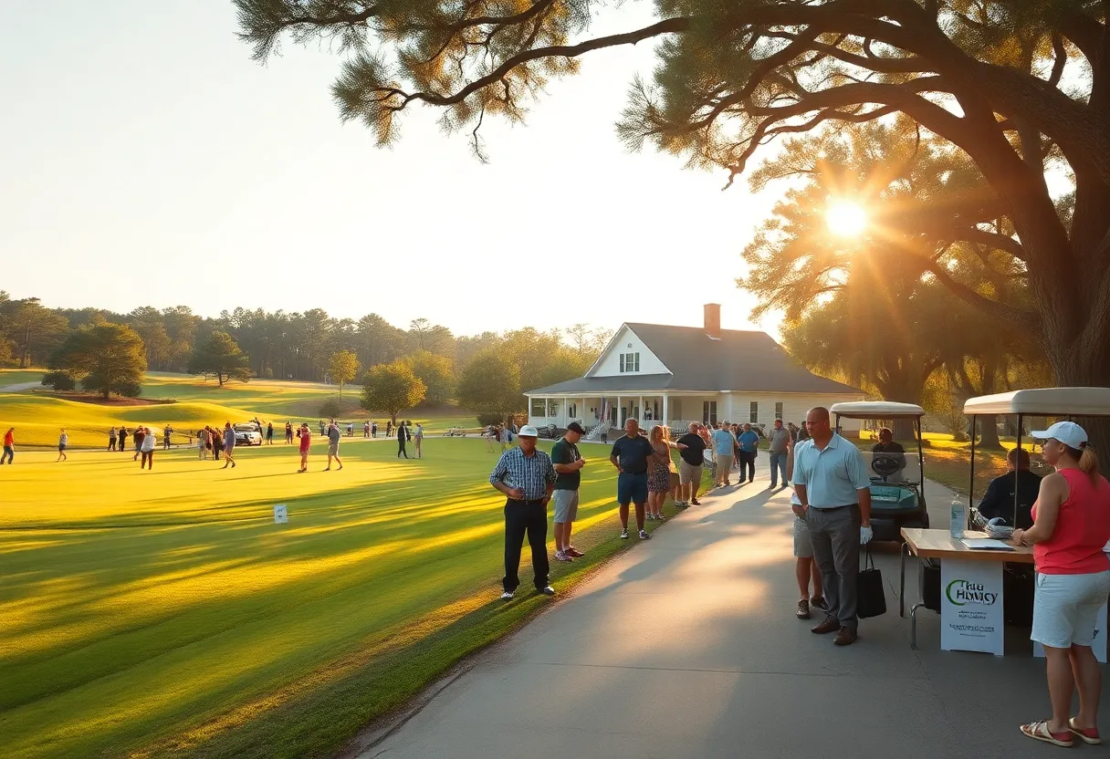 Community golfers on a sunny Aiken course with clubhouse and event banners