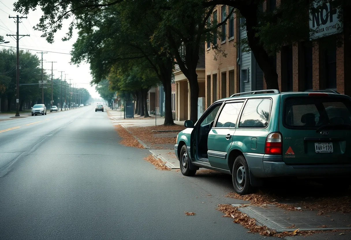 Abandoned vehicle on a street in Aiken, highlighting issues of homelessness.
