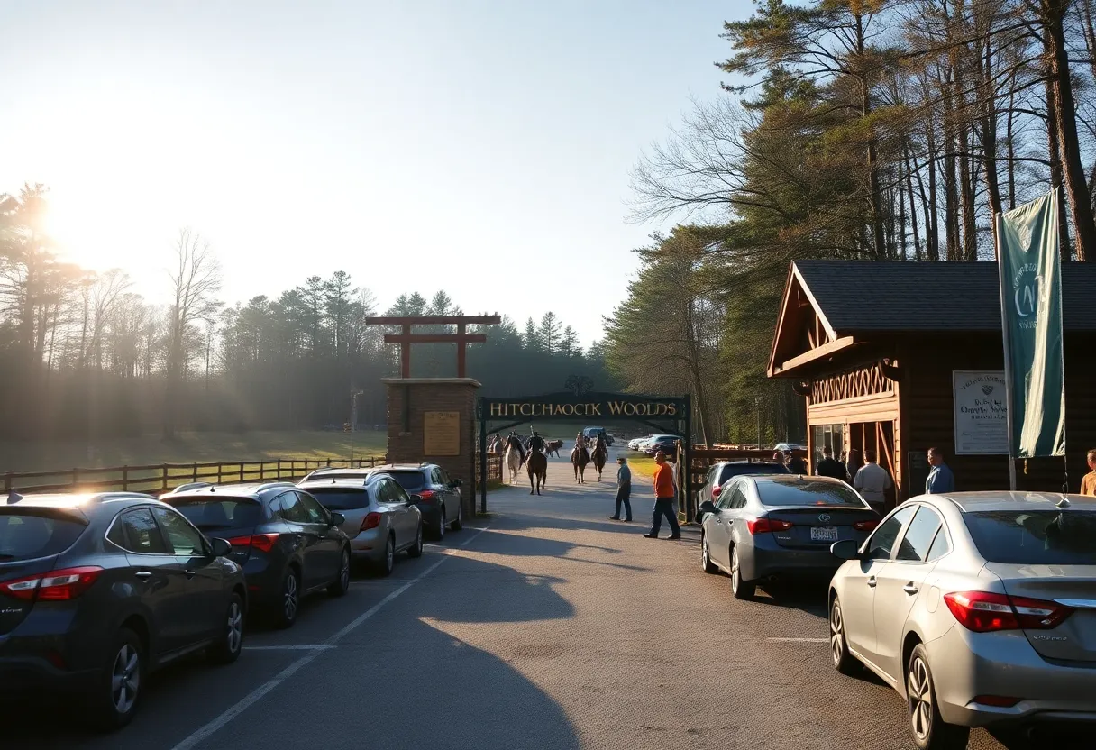 Parking area and entrance at Hitchcock Woods during the Aiken Horse Show with parked cars, volunteers, and horses in the distance.