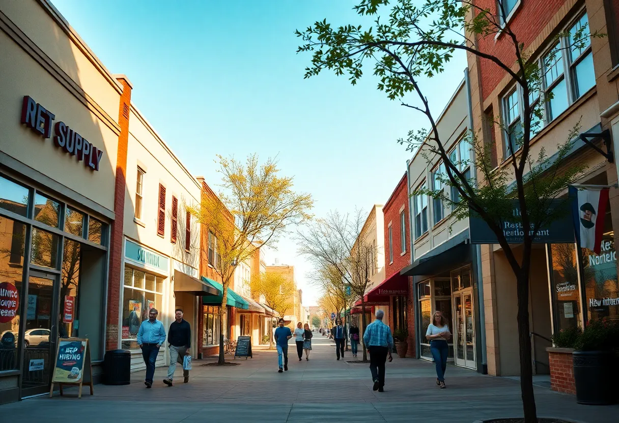 New storefronts in Aiken with 'Now Hiring' signs and people walking on sidewalk