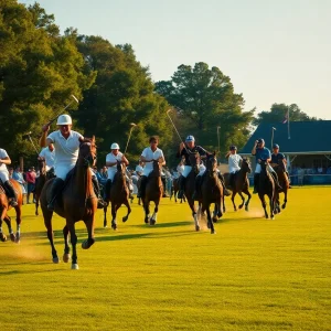 Horse-mounted polo players competing on a historic grass field in Aiken, South Carolina with spectators and clubhouse in background