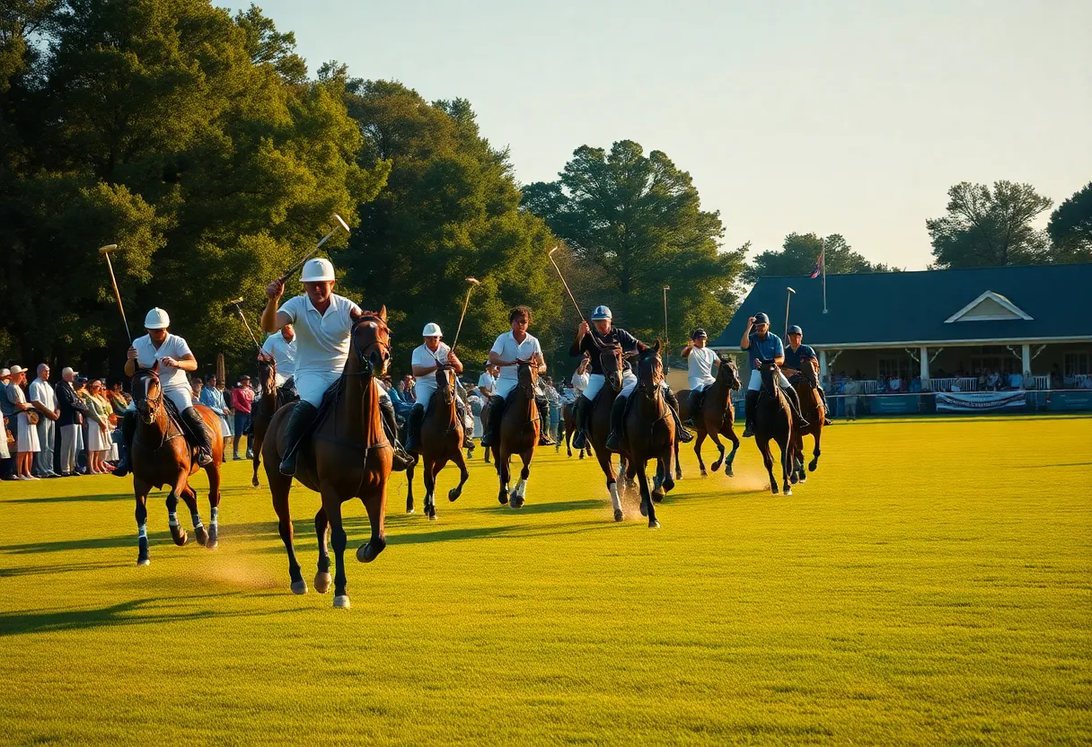 Horse-mounted polo players competing on a historic grass field in Aiken, South Carolina with spectators and clubhouse in background