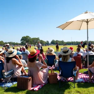 Spectators at a polo match in Aiken seated on blankets and chairs with horses and players visible on the field
