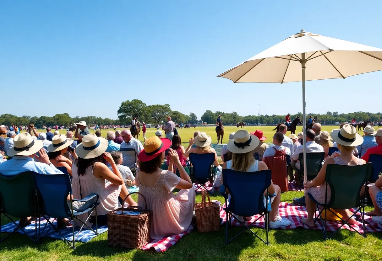 Spectators at a polo match in Aiken seated on blankets and chairs with horses and players visible on the field
