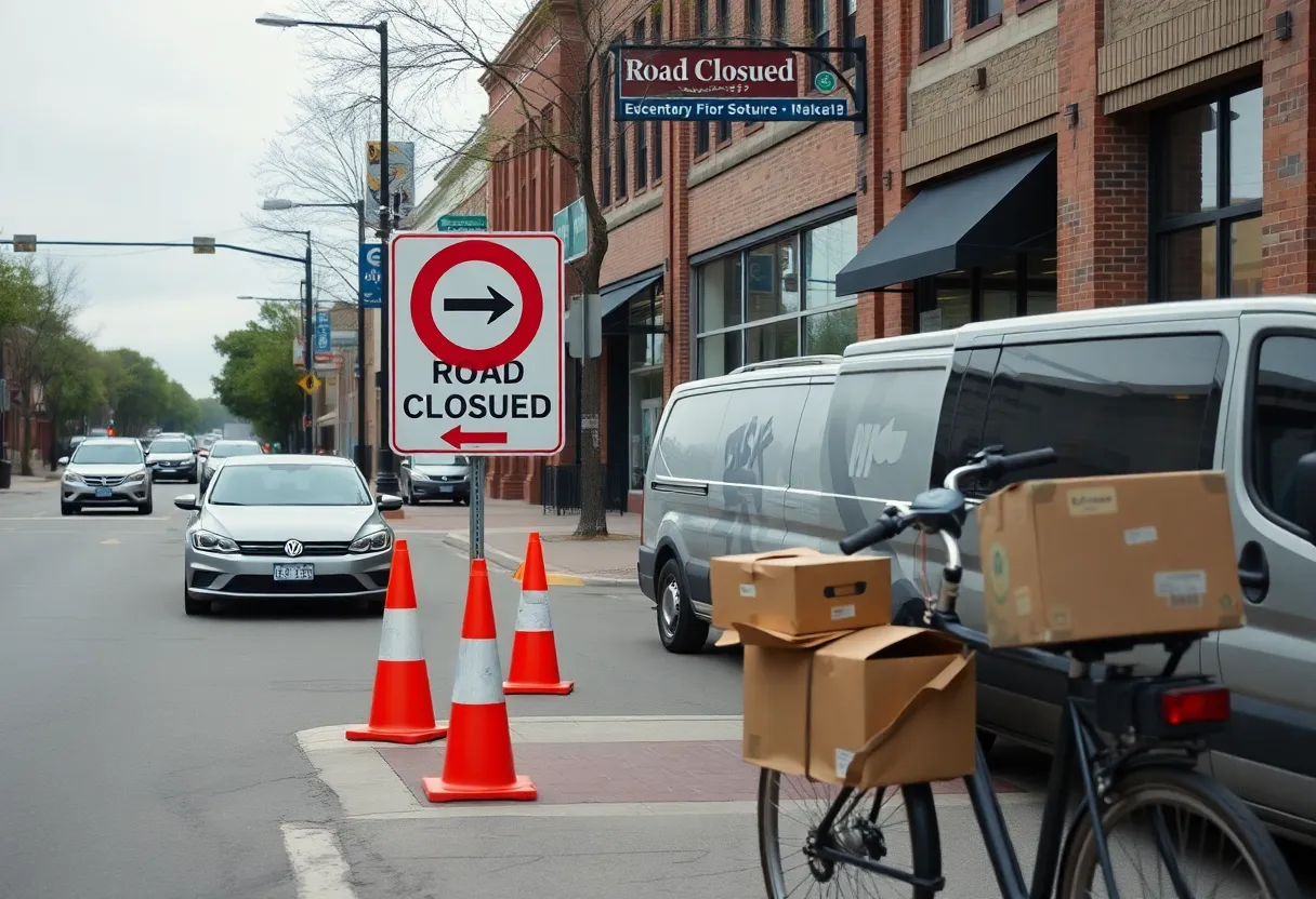 Aiken street blocked by road closure signs with rideshare car and delivery bike waiting