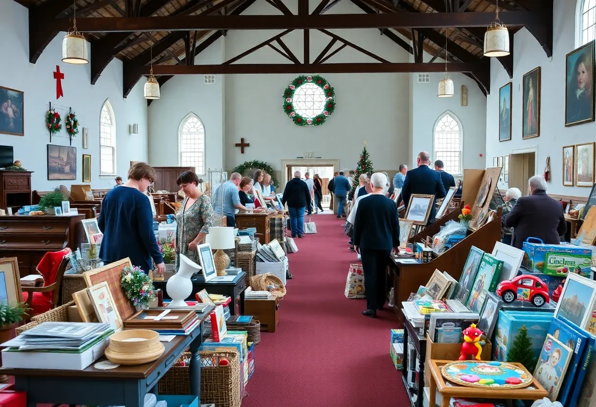 Community members shopping at a rummage sale with diverse items for sale.