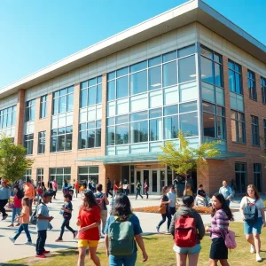 Exterior view of Aiken Scholars Academy with students outside