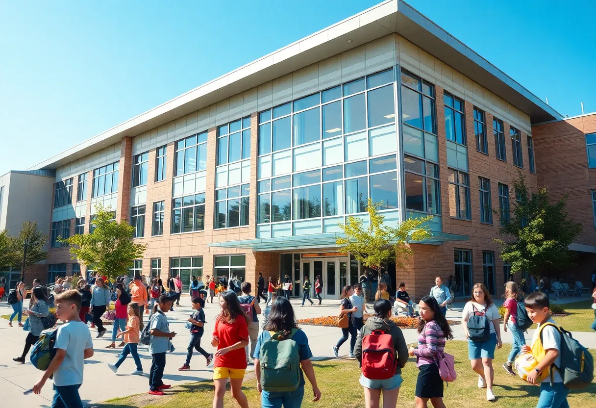 Exterior view of Aiken Scholars Academy with students outside
