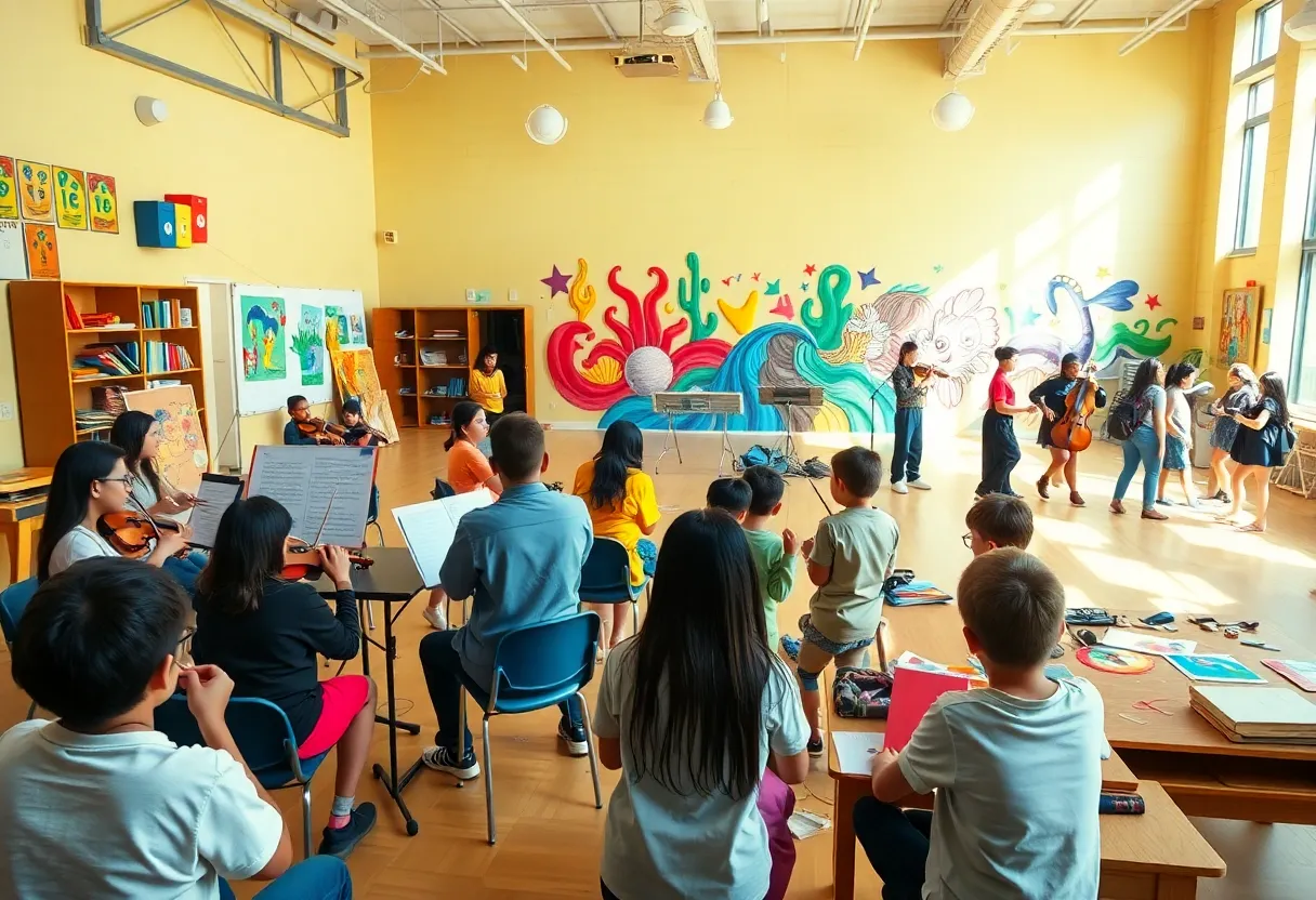 Students and teachers engaged in music, visual arts, and dance activities in a school arts space