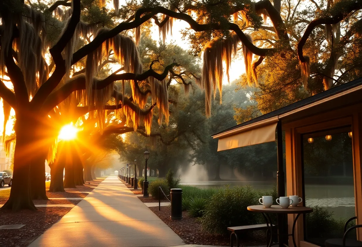 Sunrise light through live oaks on a tree-lined avenue with a nearby café and a quiet wooded trail entrance